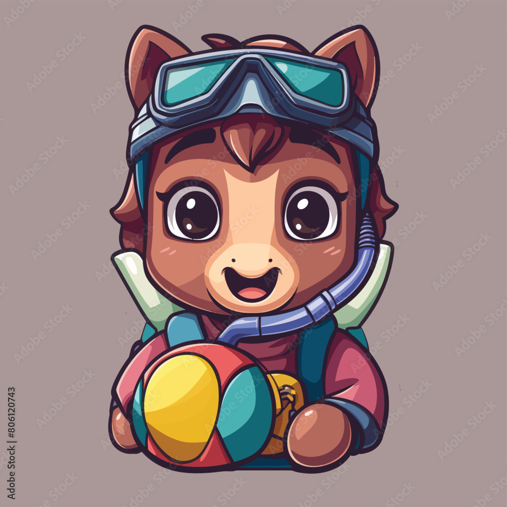 kawaii cute vector logo sticker of horse wearing glass with holding a ball kawaii cute vector logo sticker of horse wearing glass with holding a ball
