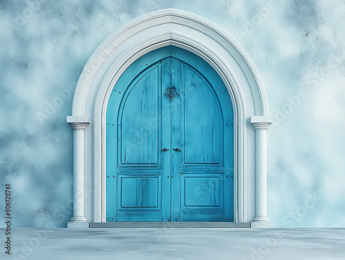 A weathered wooden blue door with a classic archway sits closed in a historic stone building photo