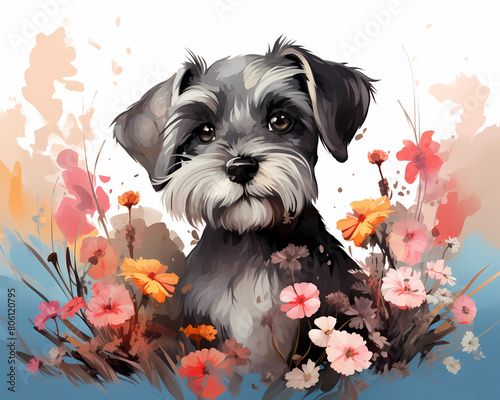Adorable Schnauzer Puppy with Pink Flowers. Charming illustration of a cute schnauzer puppy surrounded by vibrant pink flowers, capturing a heartwarming and cheerful scene.

