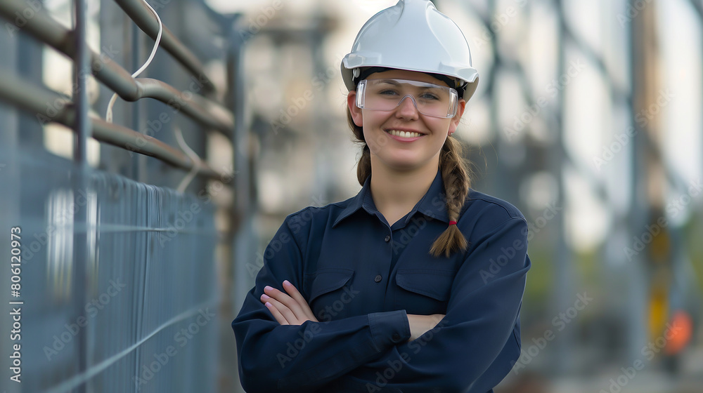 Smart and pretty model engineer or businesswoman in suit wearing a hardhat standing in front of the workplace Smart and pretty model engineer or businesswoman in suit wearing a hardhat standing in front of the workplace