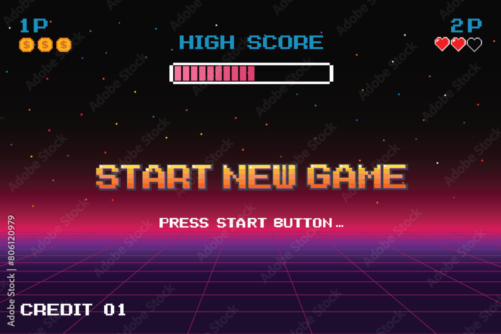 START NEW GAME .press start button .pixel art .8 bit game. retro game. for game assets in vector illustrations. Retro Futurism Sci-Fi Background. glowing neon grid. and stars from vintage arcade comp.