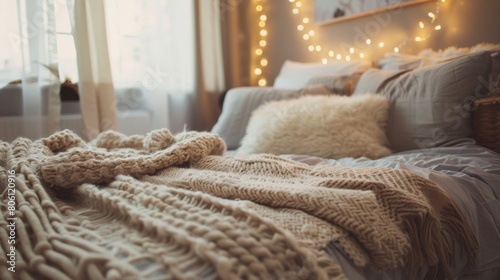 A cozy winter bedroom adorned with faux fur throws, knit blankets, and twinkling string lights, offering a warm and inviting sanctuary from the cold. photo