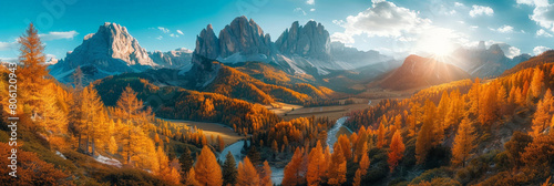  mountain landscape with golden trees and lake in autumn. nature mountain background.banner
