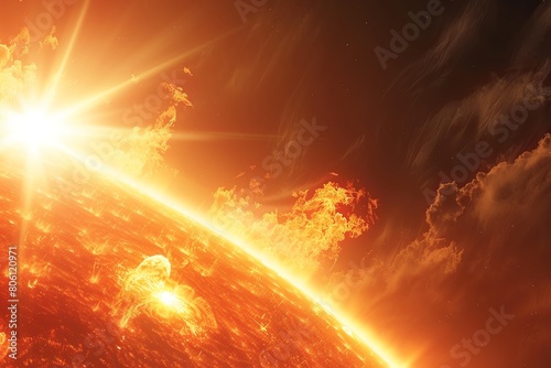 Realistic 4K detailed view of solar flares from the sun s top, panoramic photo