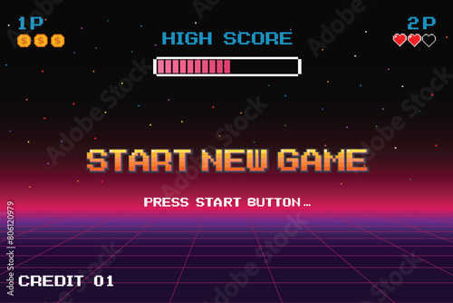 START NEW GAME .press start button .pixel art .8 bit game. retro game. for game assets in vector illustrations. Retro Futurism Sci-Fi Background. glowing neon grid. and stars from vintage arcade comp.