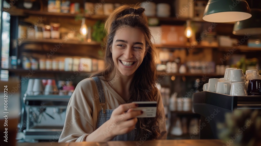 a smiling woman making a digital payment with a credit card in a coffee shop. generative AI