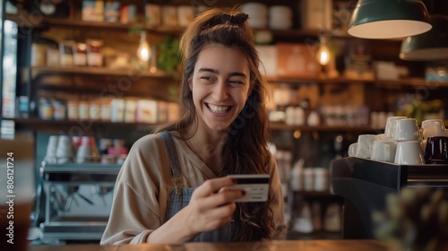 a smiling woman making a digital payment with a credit card in a coffee shop. generative AI