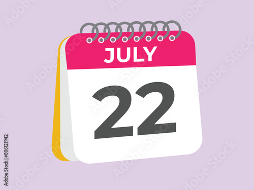 July 22 calendar reminder. 22 July daily calendar icon template. Calendar 22 July icon Design template. Vector illustration
