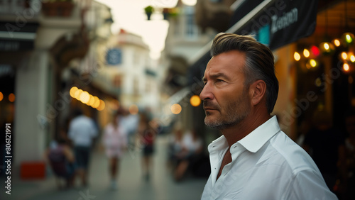 a middle-aged man in a white shirt downtown
