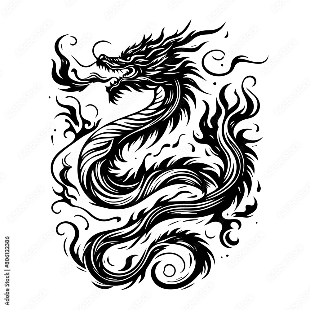 linear abstract dragon tattoo drawing on white background linear abstract dragon tattoo drawing on white background