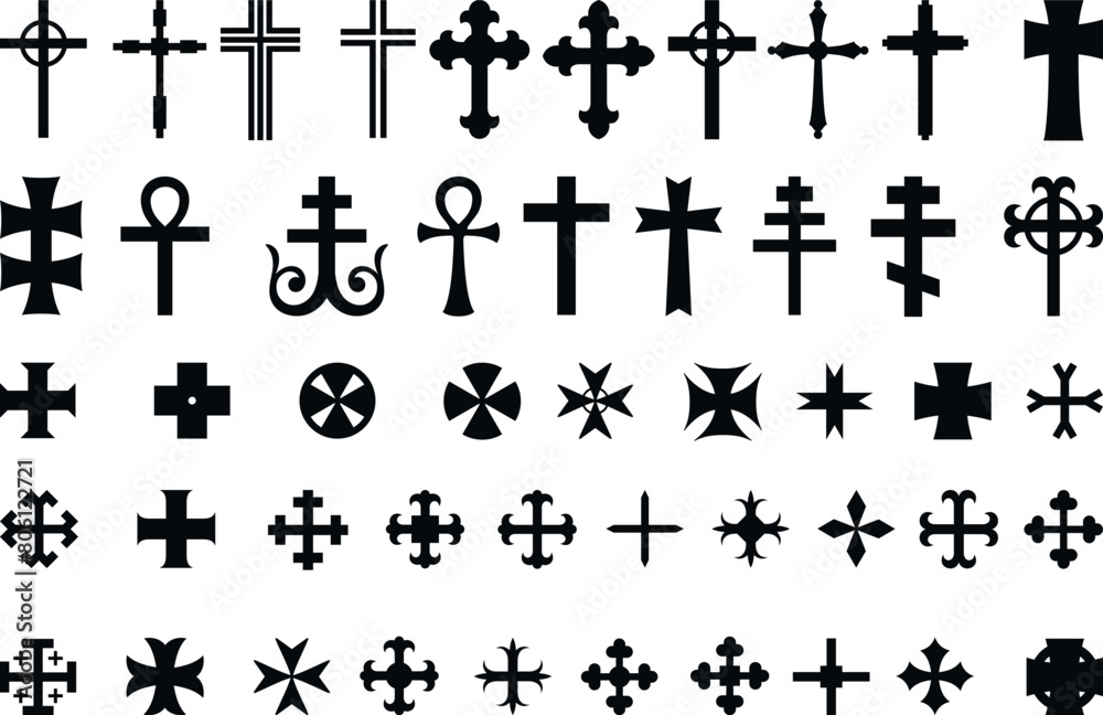 large set of different religious Christian crosses black isolated on white background large set of different religious Christian crosses black isolated on white background