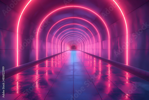 neon light lines glowing with the red, blue, and purple lights, in the style of elegant lines, poster, long distance and deep distance