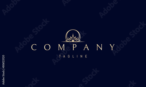 A vector golden logo with an abstract image of a lotus flower on the background of the moon.