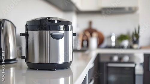 A sleek stainless steel rice cooker sitting on a white kitchen counter, promising fluffy grains with every use.