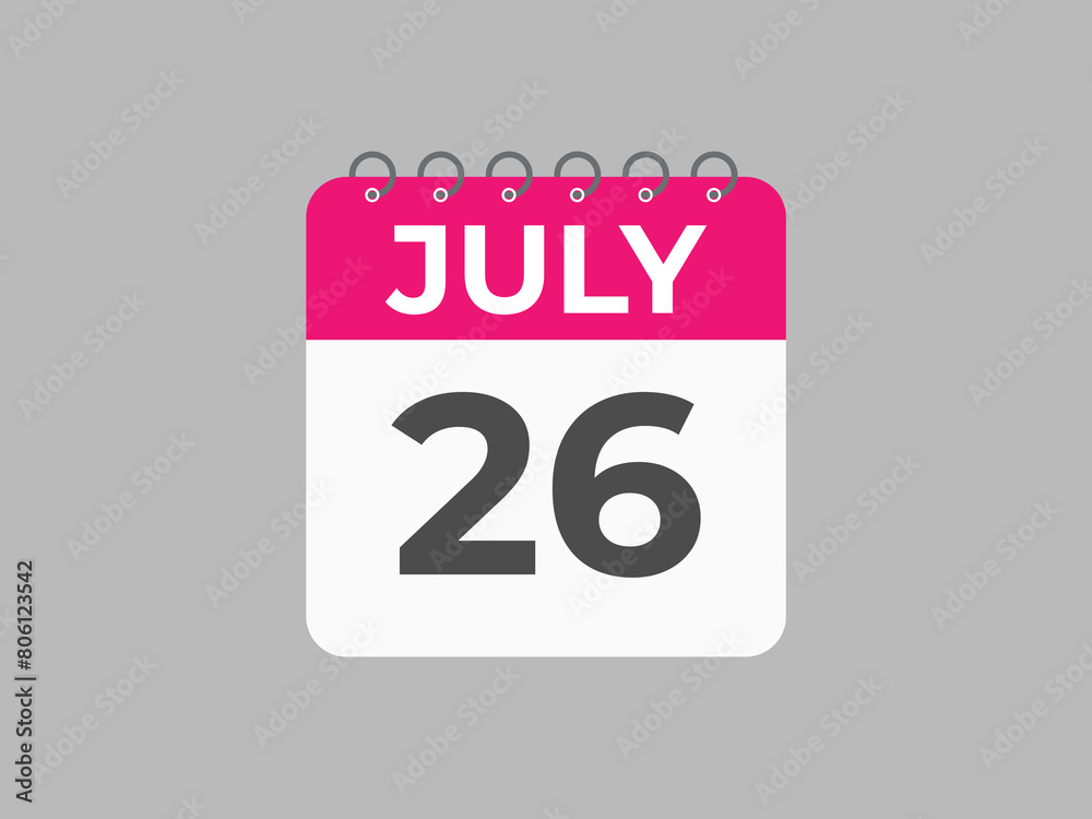 July 26 calendar reminder. 26 July daily calendar icon template. Calendar 26 July icon Design template. Vector illustration
July 26 calendar reminder. 26 July daily calendar icon template. Calendar 26 July icon Design template. Vector illustration
