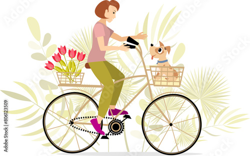 Cyclists characters. Woman on a bicycle with a puppy and plants. Sport and leisure. Outdoors activity. Healthy lifestyle concept.