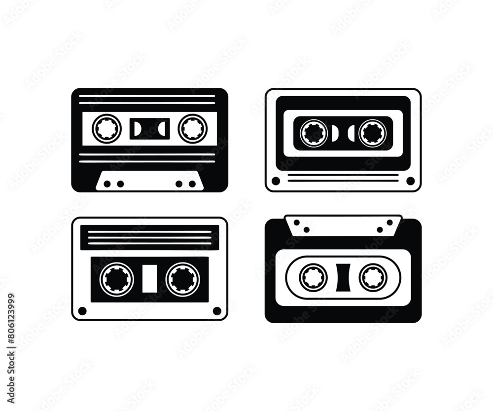 cassette tape music audio classic traditional vector design icon black white flat illustration collections set