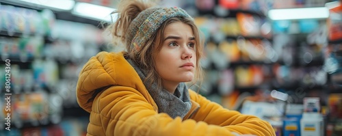 Pensive young woman in grocery store