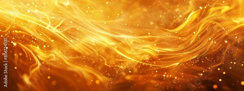 Golden fire background with swirling flames and sparks. The image is a closeup of golden abstract shapes and swirls, creating an atmosphere of mystery and magic.