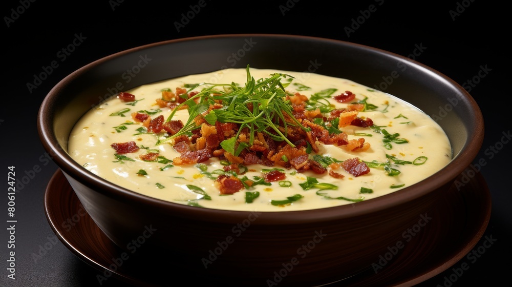 A bowl of soup with crispy bacon and vibrant green garnish