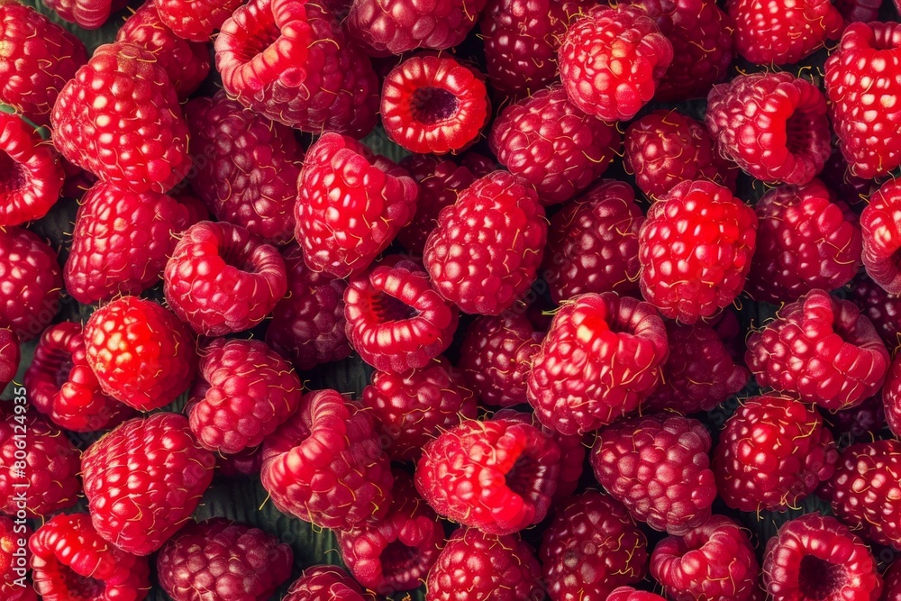 Pattern of raspberry on blue background. Flat lay summer berries - red raspberries. Creative minimalism. Beautiful simple AI generated image in 4K, unique.