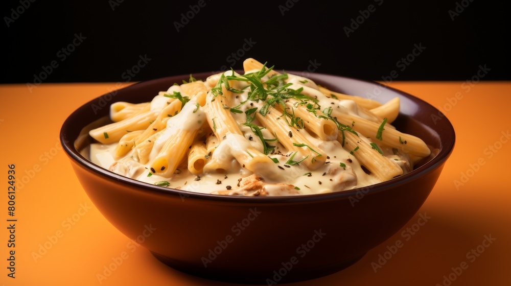 A brown bowl overflows with perfectly cooked pasta smothered in a rich, flavorful sauce