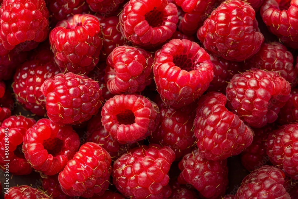 Pattern of raspberry on dark rock background. Flat lay summer berries - red raspberries. Creative minimalism. Frony view. Beautiful simple AI generated image in 4K, unique.