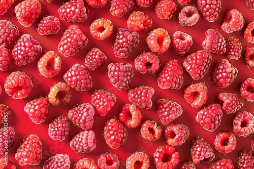 Pattern of raspberry on dark rock background. Flat lay summer berries - red raspberries. Creative minimalism. Frony view. Beautiful simple AI generated image in 4K, unique. photo