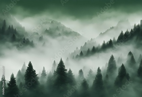 濃い霧がかかった針葉樹林の山々 photo