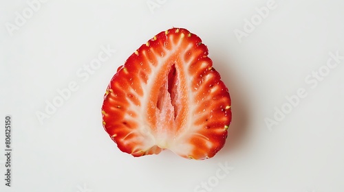 A sliced ripe strawberry, its vibrant red color and juicy texture highlighted against a minimalist white backdrop for a sweet treat.