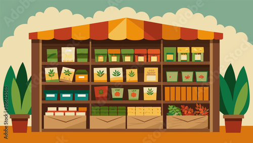 A stall lined with shelves filled with vintage seed packets reminding gardeners of simpler times and traditional planting ods.. Vector illustration