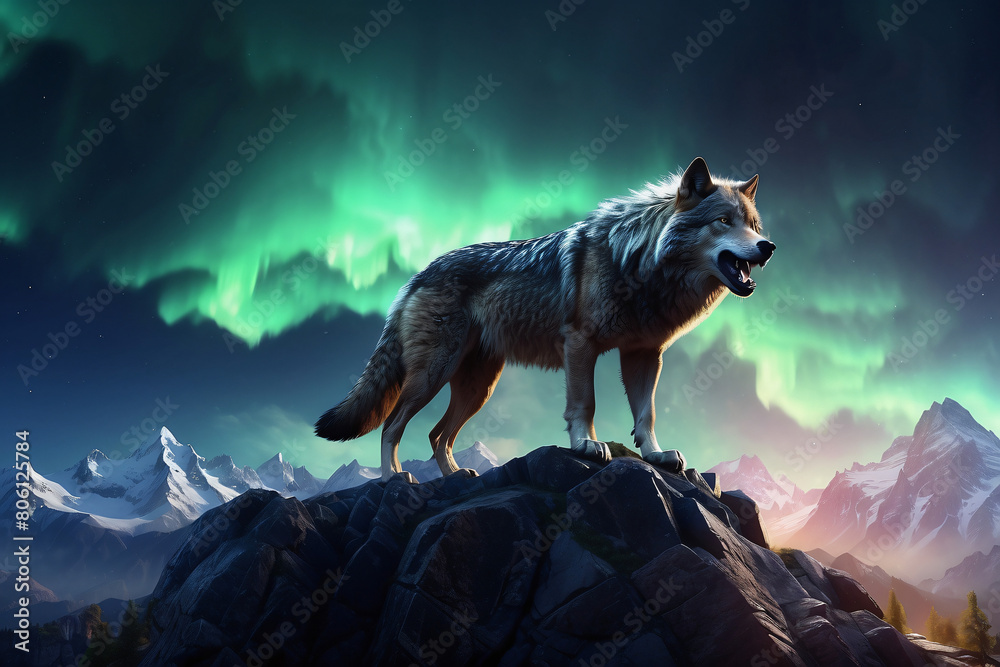 A wolf howls at night during the auroa on the hill A wolf howls at night during the auroa on the hill