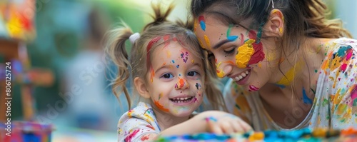 Mom teaching her daughter to paint, covered in colorful splashes