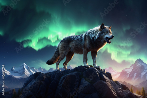 A wolf howls at night during the auroa on the hill