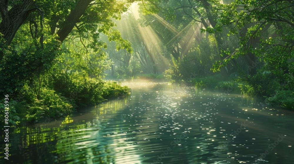 Craft an image of a peaceful river winding through a lush forest, Craft an image of a peaceful river winding through a lush forest,
