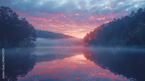 Craft an image of a peaceful lake at dawn