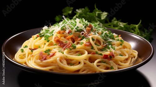 A plate of al dente pasta piled high with crispy bacon and savory parmesan cheese