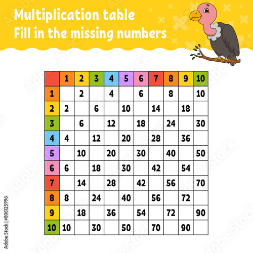Paste the missing numbers. Learning multiplication table. Handwriting practice. Education developing worksheet. Color activity page. Game for children. Vector illustration.