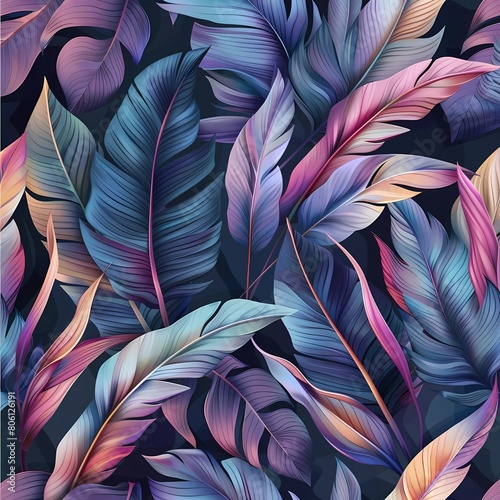 Tropical luxury exotic seamless pattern. Pastel colorful banana leaves, palm. Hand drawn vintage 3D illustration. Dark glamor background design. © munja02