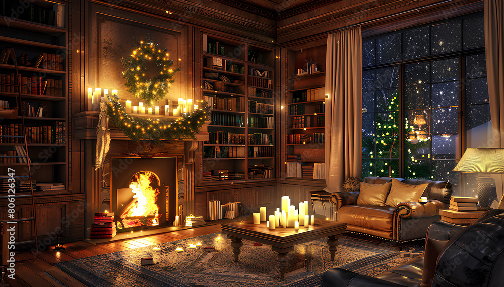 Interior of living room with fireplace, burning candles and bookshelves Interior of living room with fireplace, burning candles and bookshelves