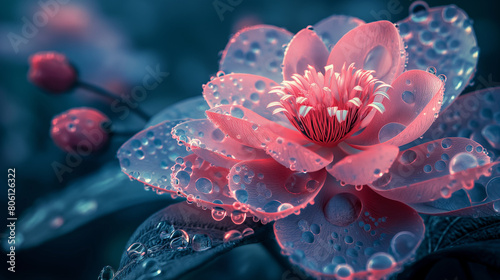 Close-up illustration of a beautiful blooming pink flower with lots of detail in a blurred background