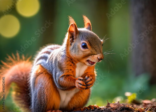 squirrel on a tree. Cute red squirrel with long pointed ears in autumn scene