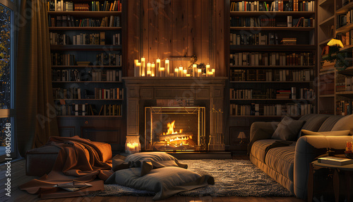 Interior of living room with fireplace, burning candles and bookshelves