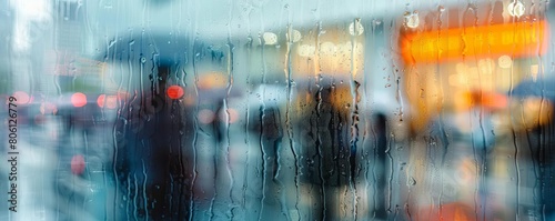 Office workers seen through a rain streaked window, abstract and blurred
