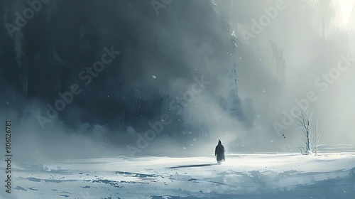 A solitary figure braves the cold as they trek through a winter wonderland, surrounded by untouched snow. photo