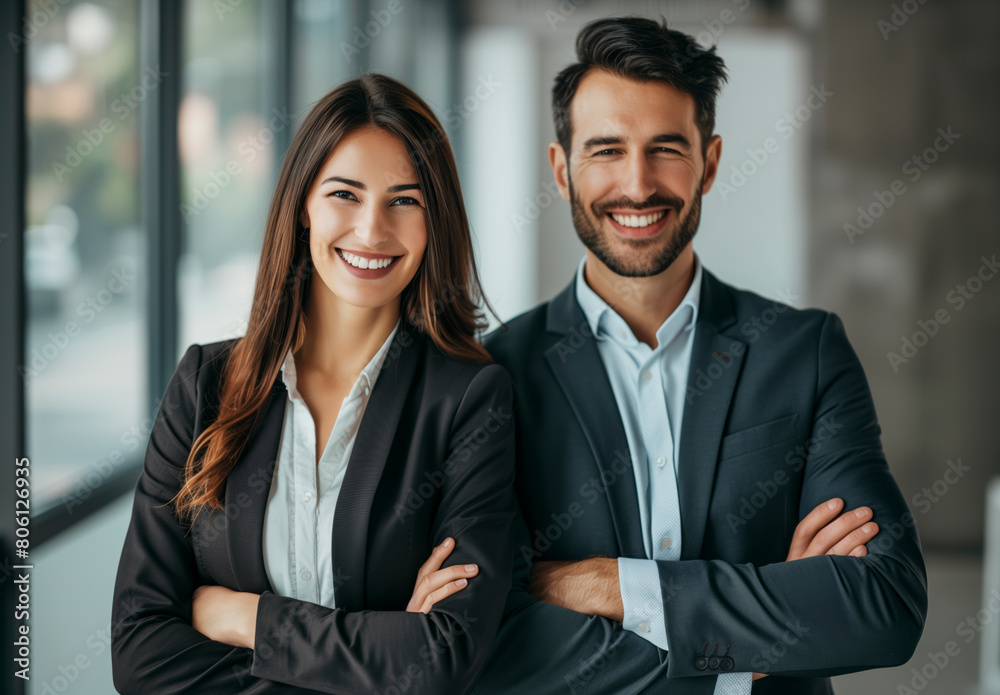Business Duo: Smiling Man and Woman Radiate Confidence, A man and a woman are smiling for the camera. They are both dressed in business attire Business Duo: Smiling Man and Woman Radiate Confidence, A man and a woman are smiling for the camera. They are both dressed in business attire