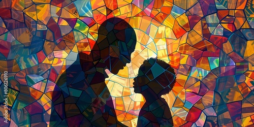 Father and child silhouettes made in abstract mosaic