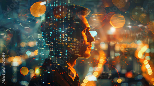 Portrait of young business man on city lights background, thinking person and abstract blurred buildings at night. Concept of multiple, future, people, office and success