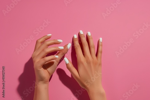 female  manicure. Beautiful young woman's hands on color  background - Image. Beautiful simple AI generated image in 4K, unique. photo