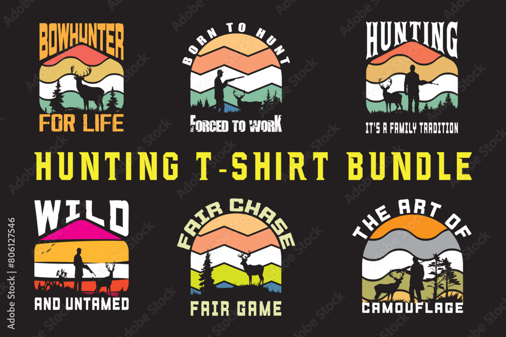 Naklejka premium Hunting T shirt design vector creative graphic collection Vintage hunting illustration bundle